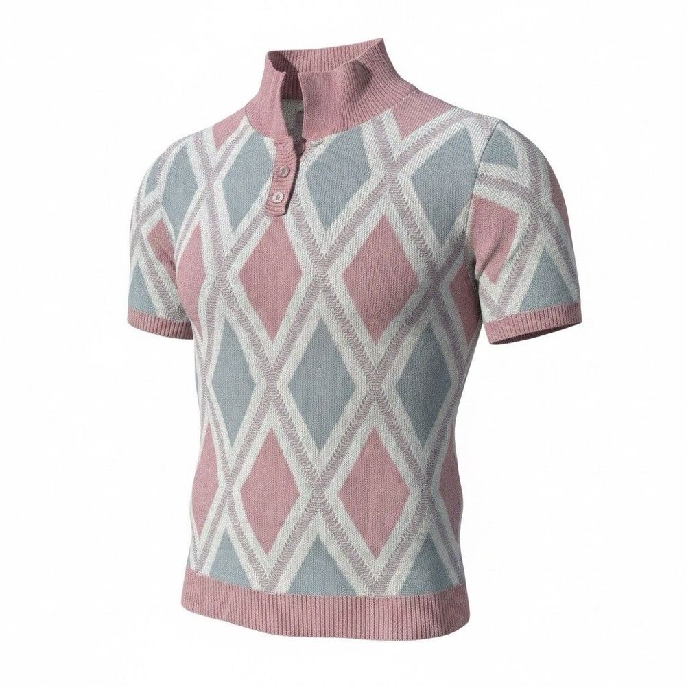 Vintage Blair Men’s L Made USA Argyle  Short Sleeve Sweater Pink Gray